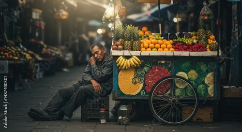 Tired vendor takes a break by his fruit cart at dawn in the market