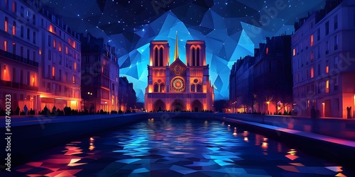 A stylized nocturnal cityscape, glowing with vibrant hues.