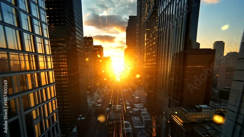 Sunset Through City Skyscrapers with Golden Reflections
