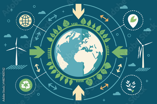 Create a vibrant vector illustration depicting a bold, stylized globe encircled by sustainable energy symbols, representing a hopeful, eco-friendly future.