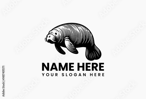 Stylized black vector logo silhouette of a gentle manatee with curved abstract line patterns on a clean white background. Wildlife illustration concept
