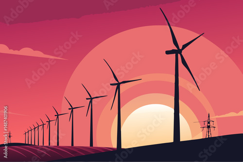 Create a vector illustration of a wind farm at sunset, showcasing rotating turbine blades with realistic shadows and vibrant colors.  Focus on detailed blade movement.