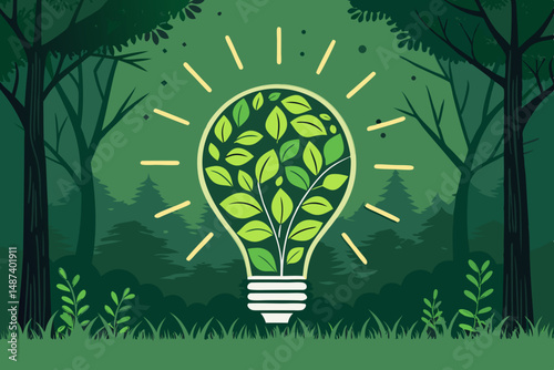 Create a vector illustration of a glowing light bulb formed entirely from vibrant green leaves, radiating a soft, ethereal green light.