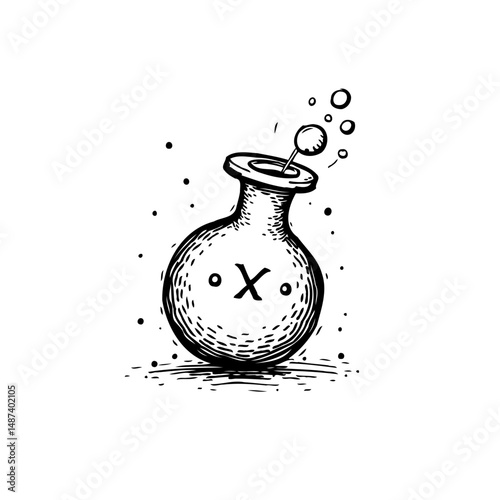 Whimsical potion bottle illustration with x mark, conveying mystery and alchemy