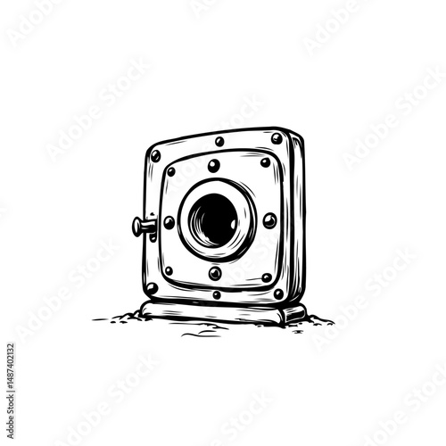 Stylized portrayal of a vintage mechanical device with circular glass element