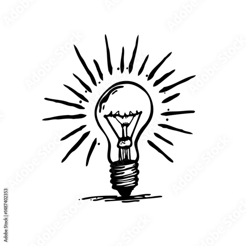 Hand-drawn incandescent lightbulb radiates a burst of creative inspiration