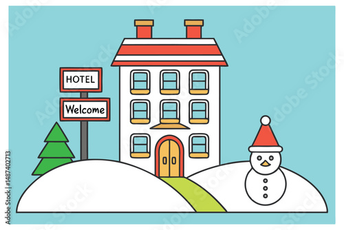 Illustrated hotel stands nestled in a snowy with a smiling snowman nearby