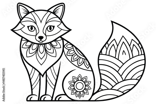 Intricate monochrome fox with floral and geometric patterns in a illustration artwork