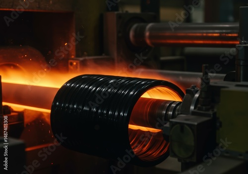 Intense Heat Forges Metal Cable A Glowing Core Emerges, Transformed by Precision Machinery. Industrial Strength. photo
