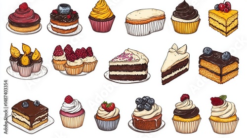 Illustration of birthday cake clipart with pieces of well dressed cakes
