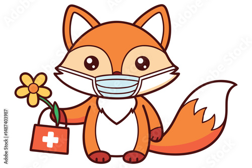 Orange cartoon fox wearing a medical mask holding a flower and first aid kit bag