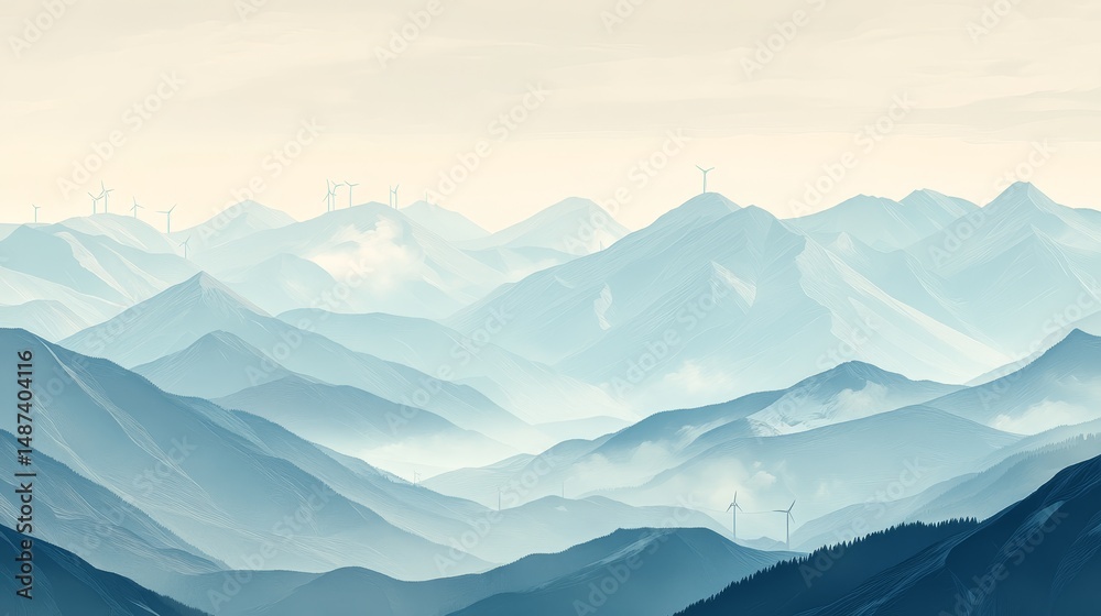 Fototapeta premium Mountain range with fog in blue and white tones under a bright sky.