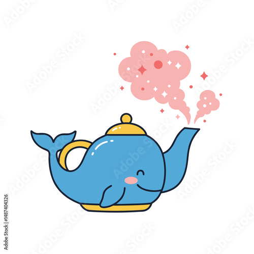 Adorable whale-shaped teapot releasing pink steam and sparkles on white background