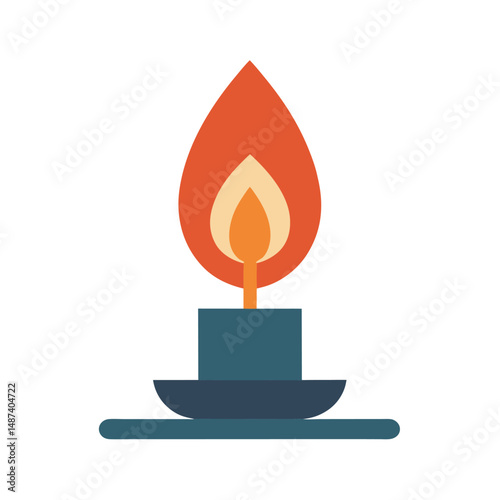 Simple illustration of a burning candle with flame and holder on a white background