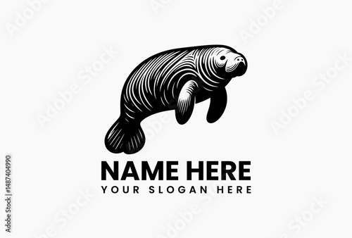 Stylized black vector logo silhouette of a gentle manatee with curved abstract line patterns on a clean white background. Wildlife illustration concept