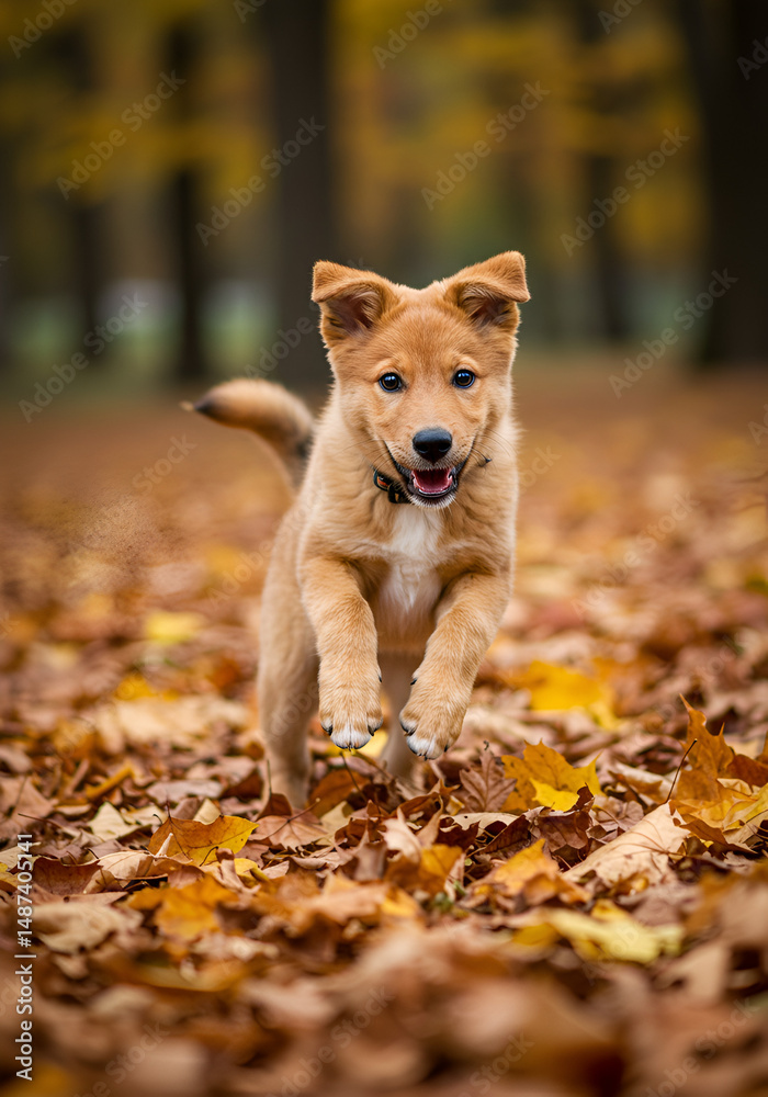 Adorable puppy running through autumn leaves Adorable puppy running through autumn leaves