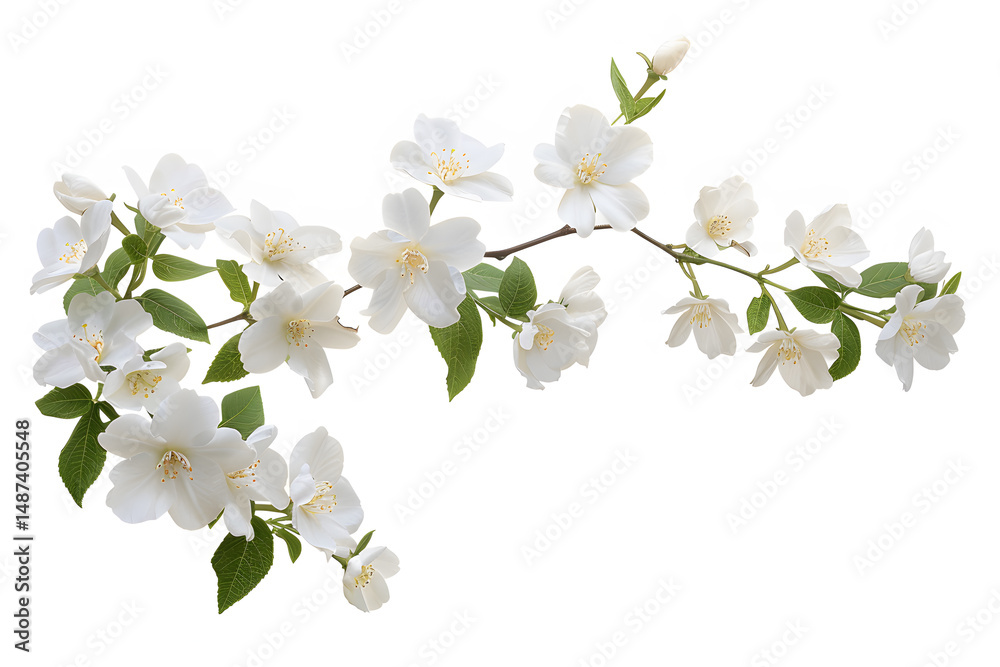 Obraz premium Jasmine branch with white flowers and green leaves isolated on white background