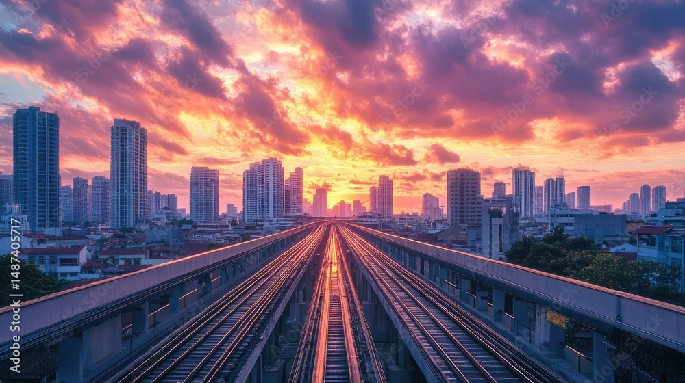 Fototapeta premium Modern elevated railway track stretching across an urban skyline during sunset with colorful clouds