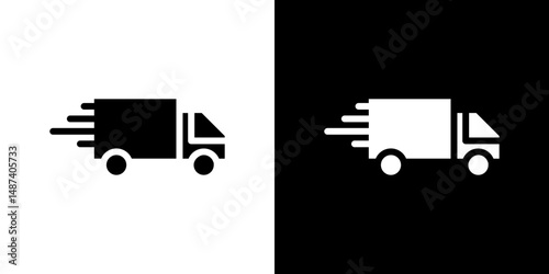 Fast shipping delivery truck icon in solid flat trendy design style.