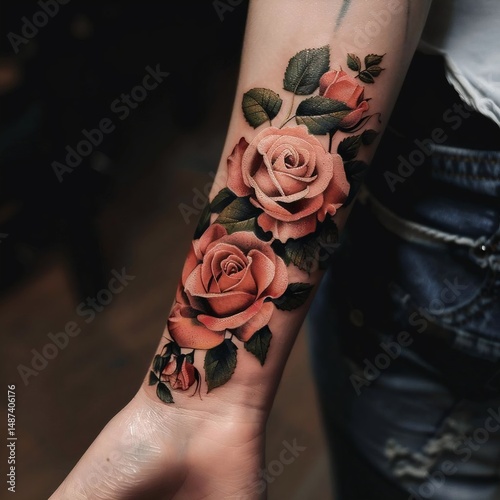 A person's right arm features a vibrant, photo-realistic tattoo of three red roses with green leaves.