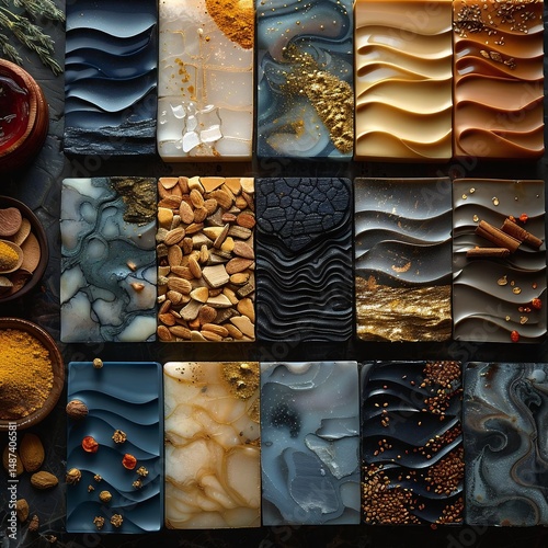 Twelve square tiles showcasing unique, intricate designs in natural and abstract patterns, featuring earthy textures and luxurious colors, arranged in a grid pattern on a dark background.