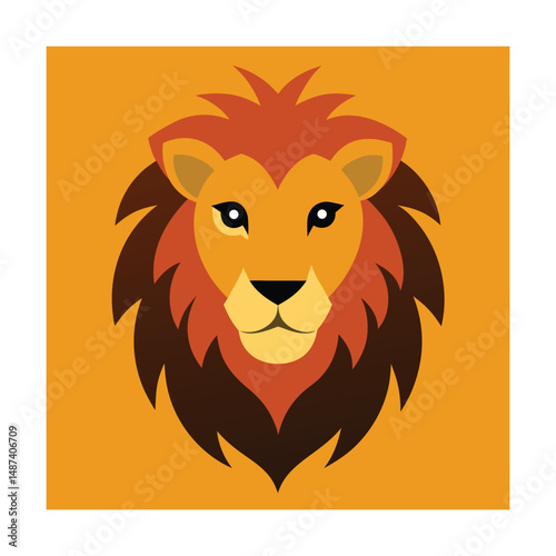 Cartoon illustration of a majestic lion head facing forward on an orange background