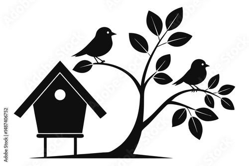 Two birds perch on a tree branch beside a birdhouse in black silhouette