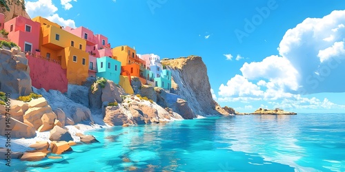Vibrant coastal town nestled in a colorful landscape.