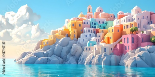 Vibrant, stylized coastal town on a rocky isle.