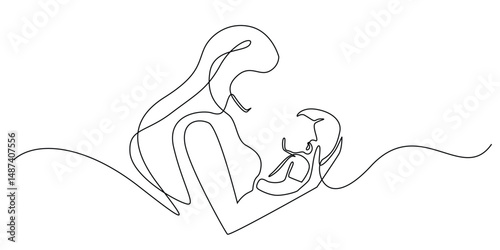one continuous line drawing of a mother holding a baby. one line drawing of a mother and child. suitable for baby product image elements, baby care