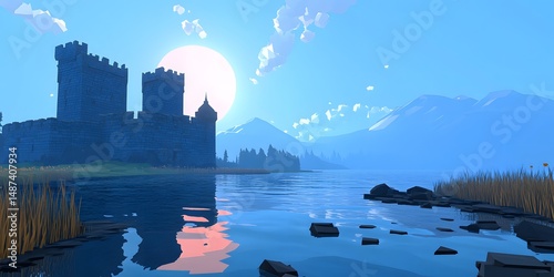 Tranquil castle by a serene lake at dawn.