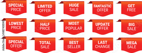collection of red promotional labels with white bold text for discounts, offers and sale banners	