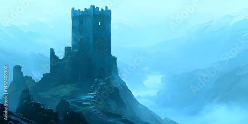 Ruined fortress in a misty mountain landscape.
