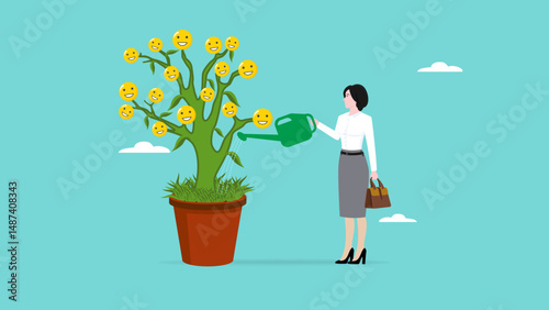 emotional intellect, learn to control your feeling or emotion, businesswoman watering plants with smile icon