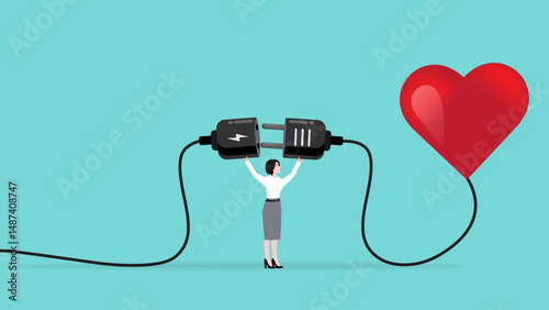 work with hearth, passion for work, mindset or attitude to work according to our talents and interests, businessman connect plug with heart to power socket concept vector illustration