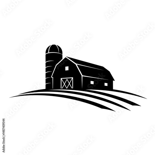 Iconic Barn and Silo Silhouette: A classic barn and silo duo rendered in striking black silhouette against a horizon, symbolizing rural life and agricultural heritage.