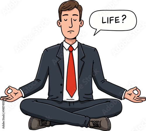 Businessman in Lotus Pose Contemplating Life's Meaning Finding Balance and Inner Peace