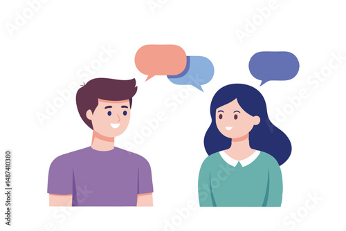 Two individuals are happily communicating, thought bubbles floating above them in a casual dialogue