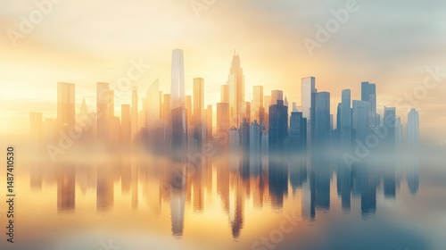 Golden Sunrise City Skyline Reflection in Calm Water