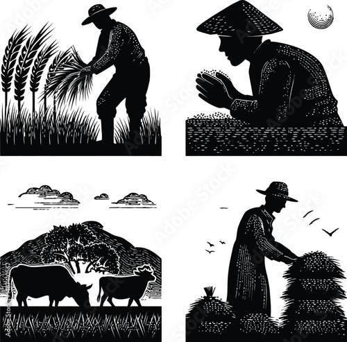 Black and White Vector Illustration Depicting Traditional Agricultural Scenes Featuring Wheat Harvesting, Produce Examination, Grazing Cows, and Hay Stacking