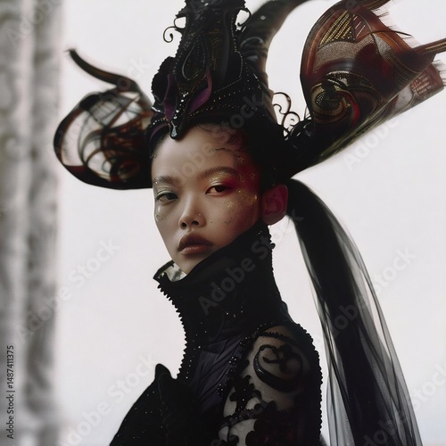A woman with striking features wears dramatic headdress and black and gold armor, gazing directly at the camera with a serious and intense expression.