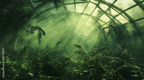 Greenhouse interior with lush green plants and visible metal frame structure.