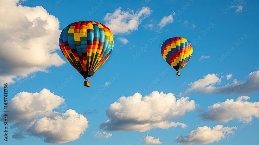 Obraz premium Vibrant balloons floating against a backdrop of fluffy white clouds and bright blue sky
