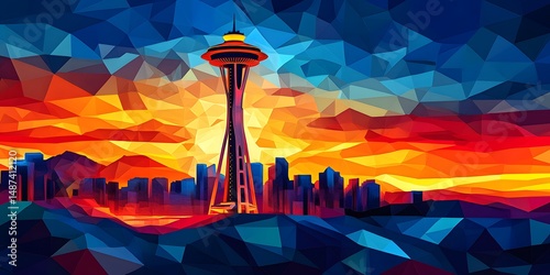 Colorful polygonal cityscape at sunset.