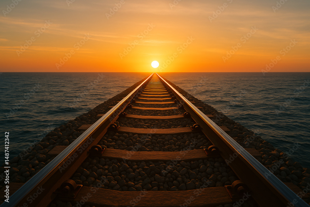 Obraz premium Railway and sunrise, sea, ocean, 4K wallpaper