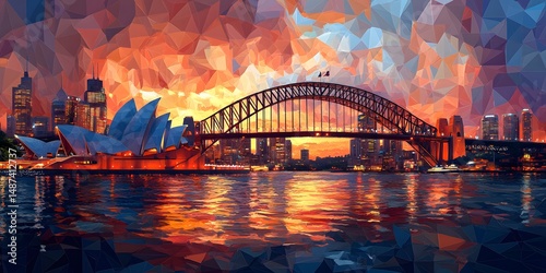 Colorful polygonal cityscape at sunset over harbor.