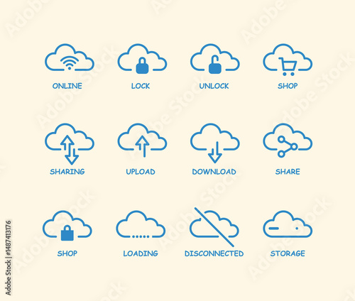 Cloud Computing. Internet technology. Online services. Data, information security. Connection. Thin line blue web icon set. Outline icons collection.Vector illustration