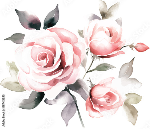 decorative watercolor flowers. floral illustration vector Leaf and buds. Botanic composition for wedding or greeting card.  branch of flowers - abstraction roses, romantic
