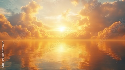 Golden Sunset Over Calm Ocean Vibrant Sky Reflection
