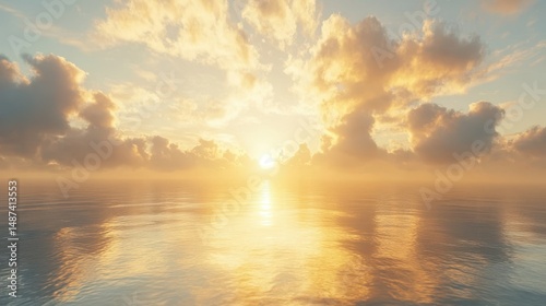 Golden Sunset Over Calm Ocean with Clouds